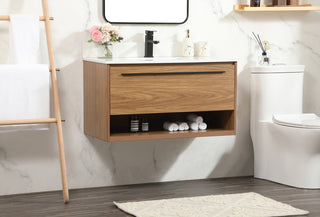 36 inch Single bathroom vanity in walnut brown with backsplash