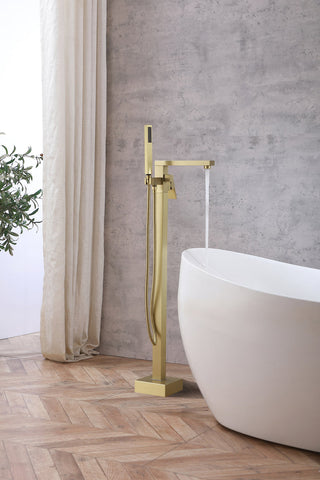 Henry Floor Mounted Roman Tub Faucet with Handshower in Brushed Gold