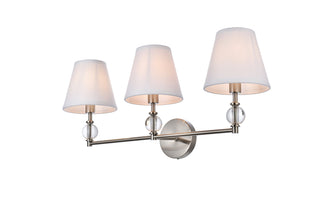 Bethany 3 lights bath sconce in satin nickel with white fabric shade