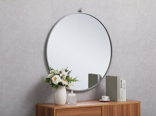 Metal frame round mirror with decorative hook 32 inch Grey