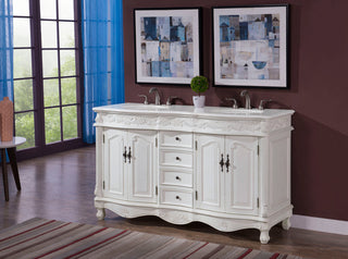 60 inch Double Bathroom vanity in Antique white with ivory white engineered marble