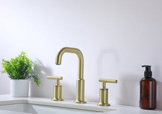 Tobias 8 inch Widespread Double Handle Bathroom Faucet in Brushed Gold