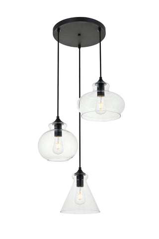 Destry 3 Lights Black Pendant With Clear Glass