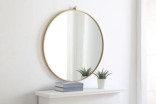 Metal frame Round Mirror with decorative hook 32 inch Brass finish