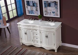 60 inch Double Bathroom vanity in Antique white with ivory white engineered marble