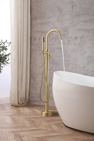 Steven Floor Mounted Roman Tub Faucet with Handshower in Brushed Gold