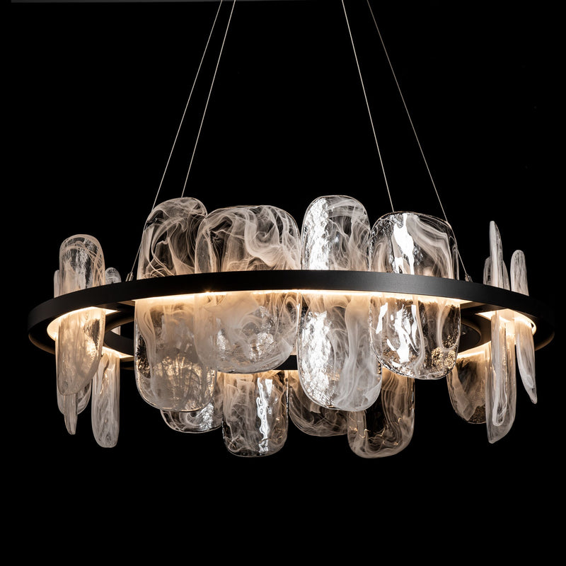 Hand Crafted Chandelier with Swirl Glass Slabs and Metal