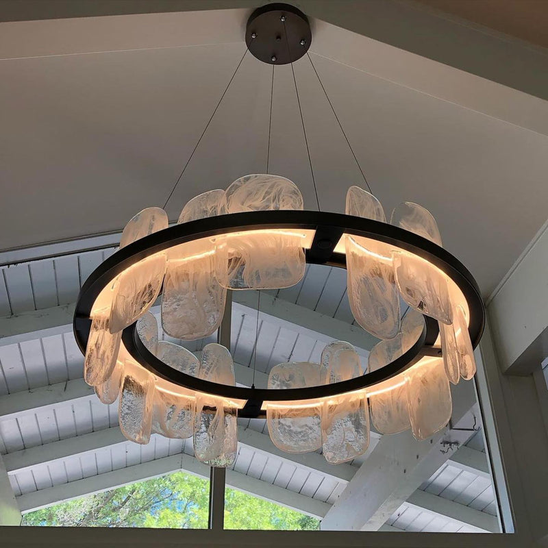 Hand Crafted Chandelier with Swirl Glass Slabs and Metal