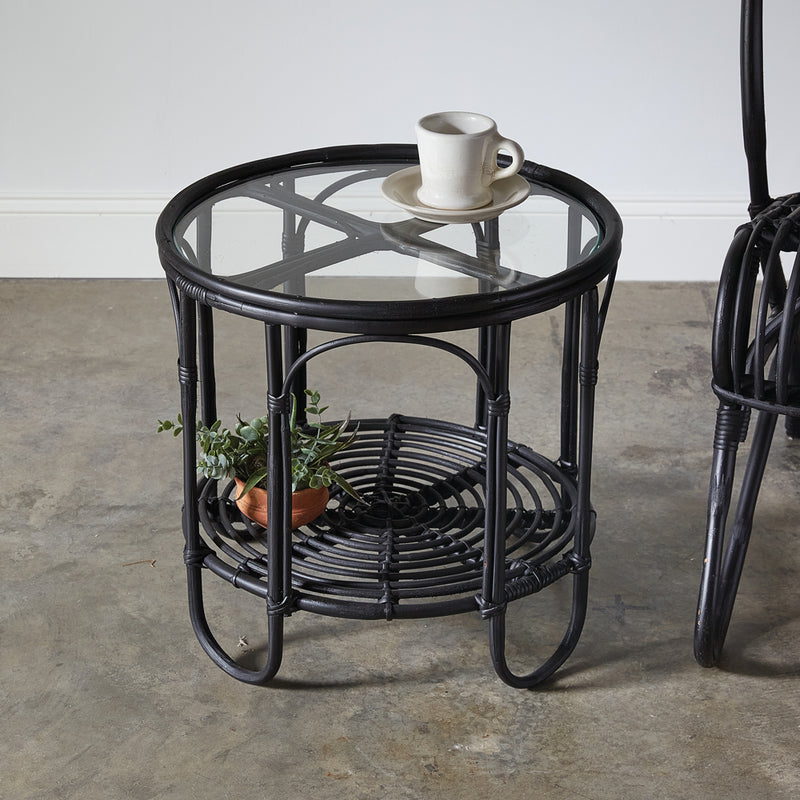 Rattan and Glass Side Table in Black