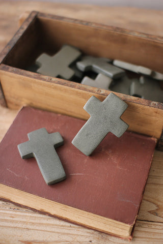 SET OF SIX HAND CARVED STONE CROSSES - DARK GREY