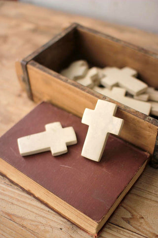 SET OF SIX HAND CARVED STONE CROSSES - WHITE