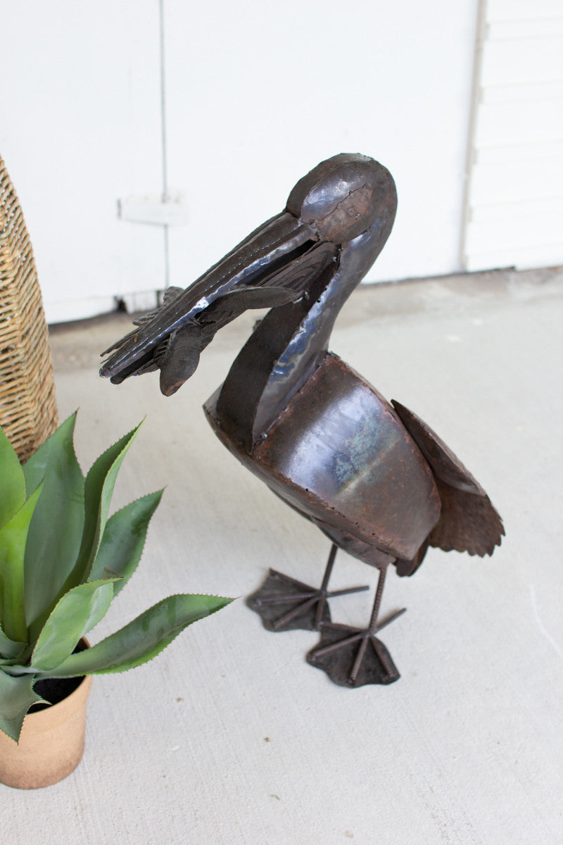 Rustic Recycled Metal Pelican with Fish