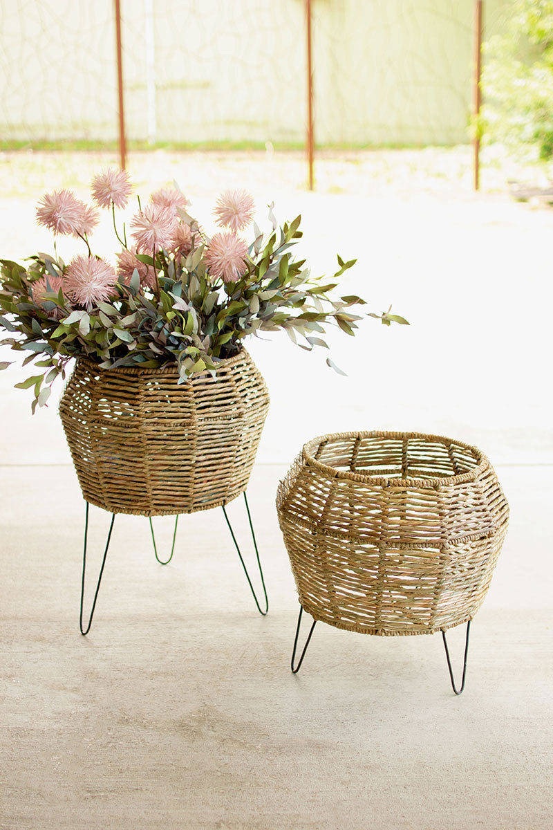 Set of Two Round Seagrass Planters on Iron Stands