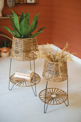 Set of Two Seagrass and Iron Planters