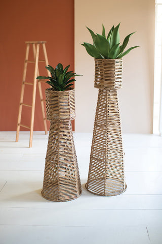 Set of Two Seagrass and Iron Planter Towers