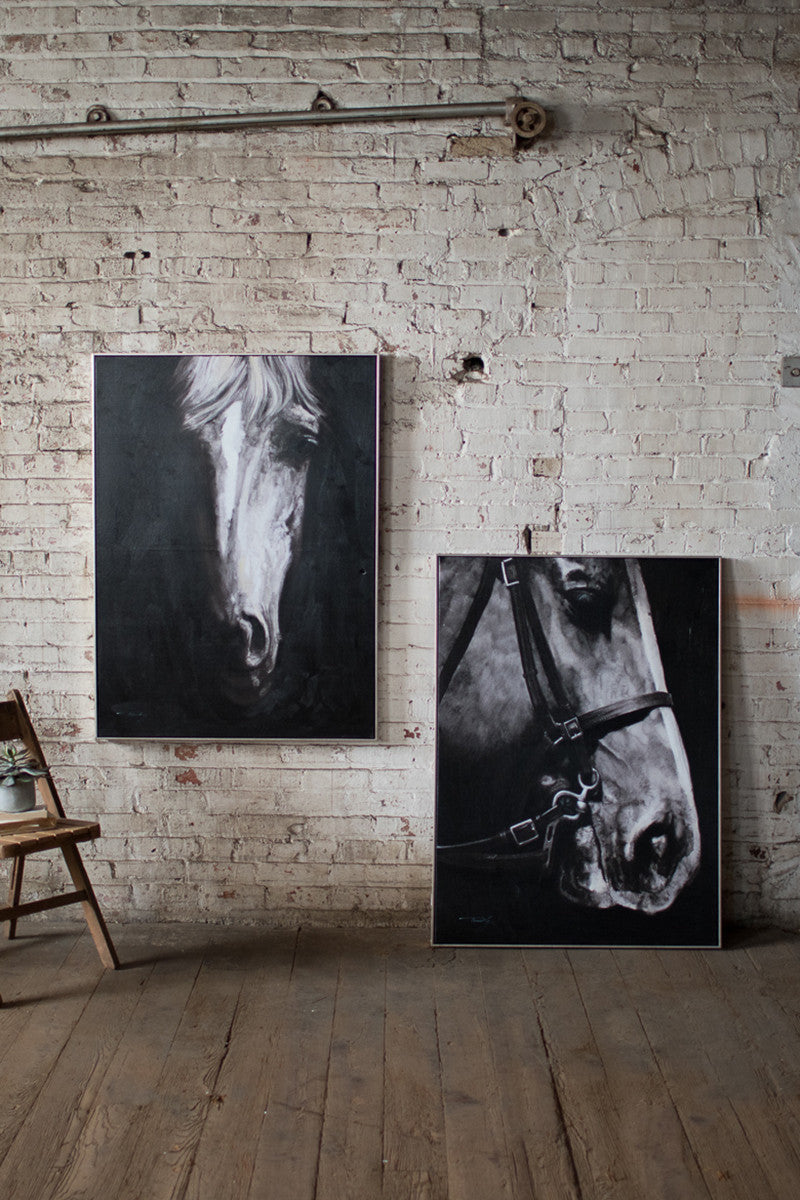 Oil Painting Black & White Side View Horse with Silver Frame