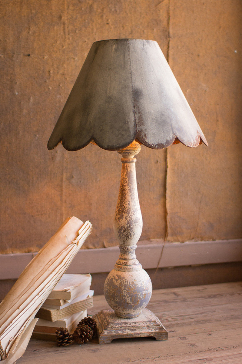 Table Lamp with Wood Base with Rustic Scalloped Metal Shade