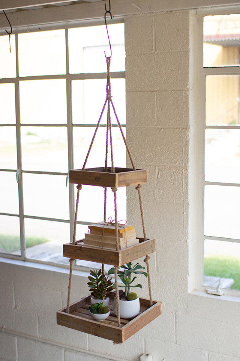 Hanging Three Tiered Square Recycled Wood Display with Jute Rope
