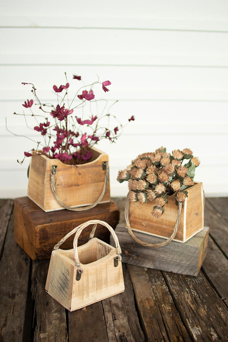 Set of 3 Rustic Recycled Wood Hand Bag Planters