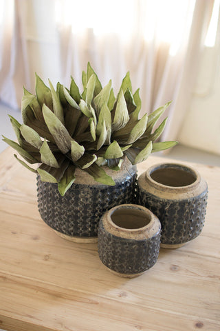 Set of 3 Dark Blue Knobby Ceramic Pots