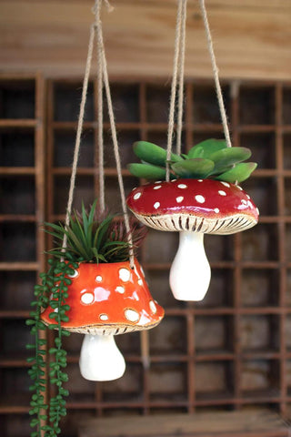 SET OF TWO CERAMIC  TOADSTOOL HANGING PLANTERS