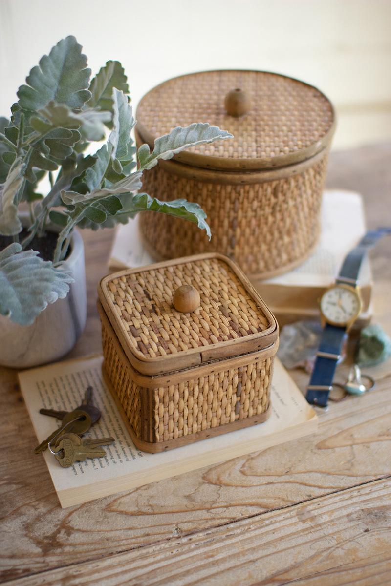 SET OF TWO ROUND AND SQUARE WOVEN CANE BOXES
