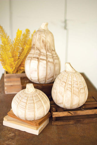 SET OF THREE NATURAL WOOD PUMPKINS