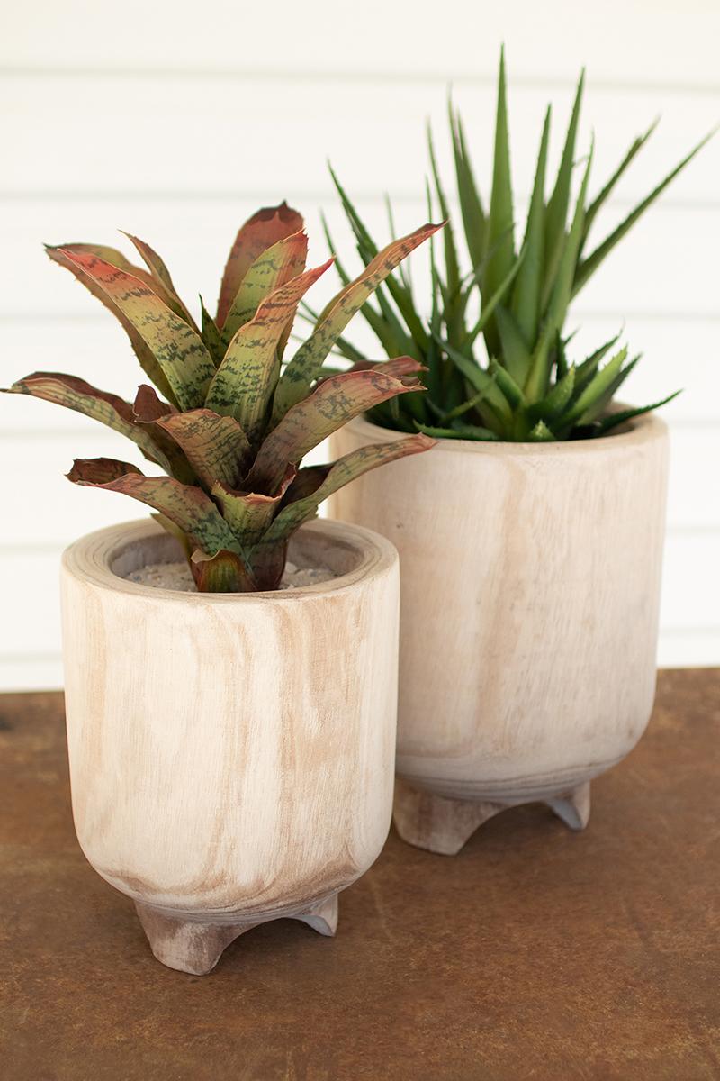 SET OF TWO HAND CARVED WOODEN PLANTERS