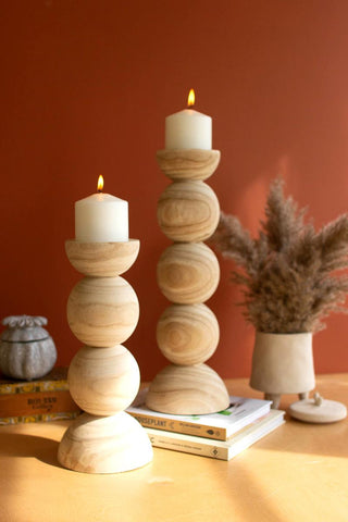 SET OF TWO HAND CARVED WOODEN STACKED BALL CANDLE HOLDERS