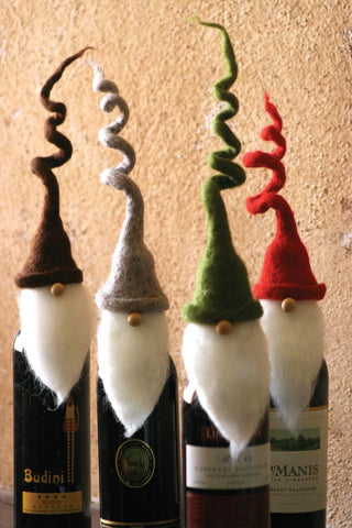 SET OF FOUR FELT SANTA WINE TOPPERS WITH CURLY HATS