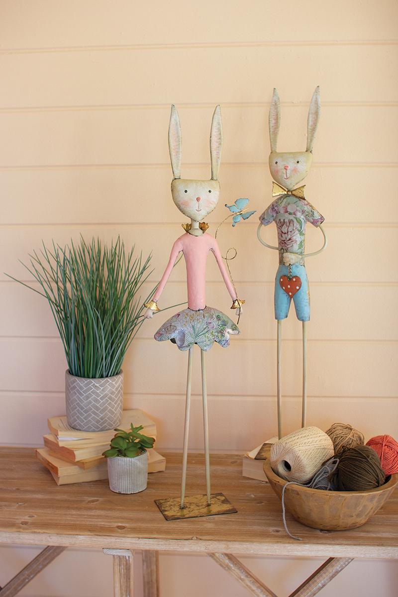 SET OF TWO PAINTED METAL LONG LEG BOY AND GIRL RABBITS