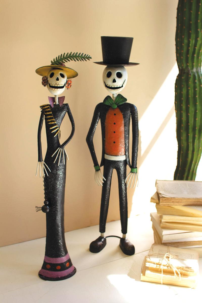 SET OF TWO PAINTED METAL HALLOWEEN DAY OF THE DEAD COUPLE
