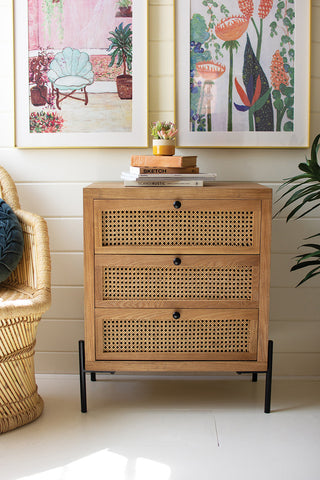 Wooden Bedside Table with Three Woven Cane Drawers