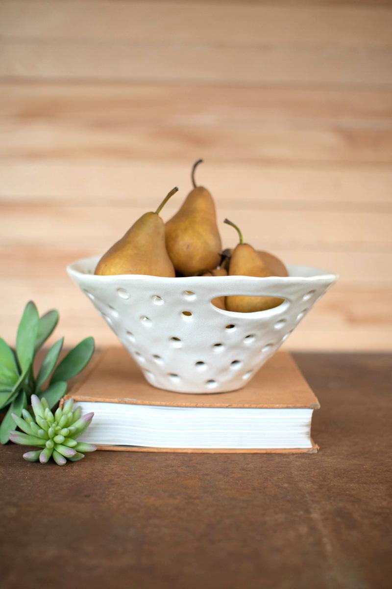 WHITE CERAMIC BERRY BOWL WITH HOLES - HANDLES
