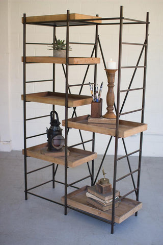 IRON SHELVING UNIT W SIX ADJUSTABLE WOODEN SHELVES