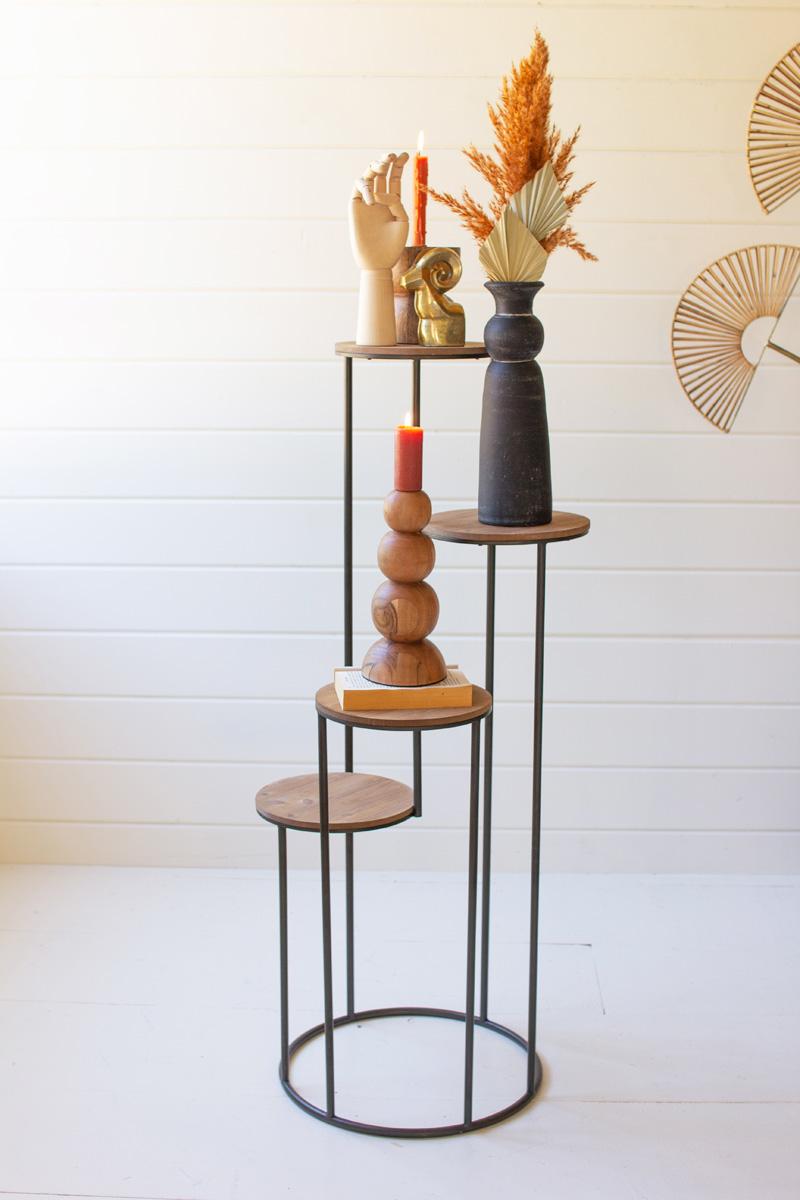 FOUR TIERED WOOD AND METAL ROUND DISPLAY