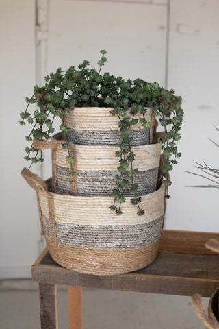 SET OF THREE ROUND RUSH BASKETS - GREY