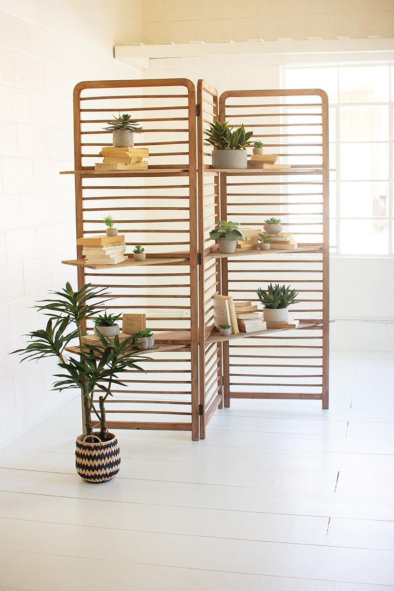 FOLDING WOODEN SCREEN WITH THREE SHELVES