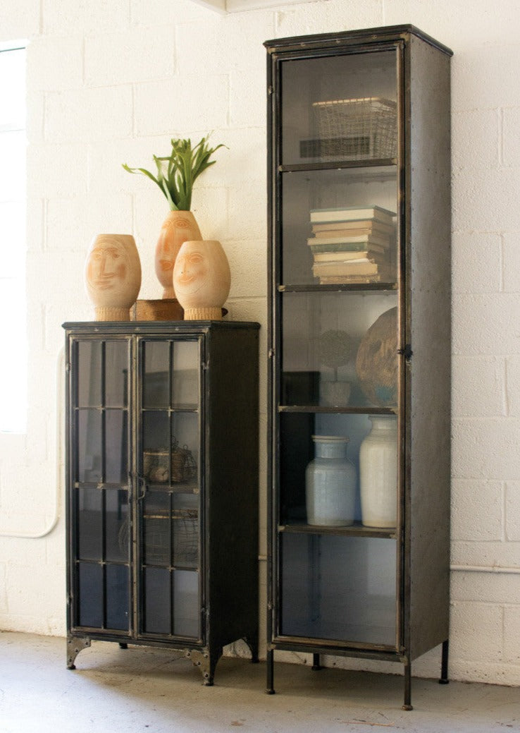Tall Iron and Glass Apothecary Cabinet