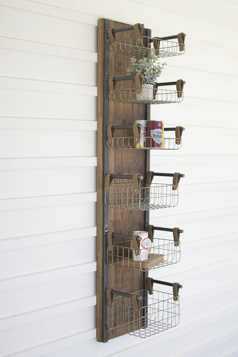Recycled Wood & Metal Wall Rack with Six Wire Storage Baskets