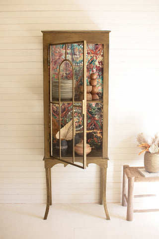 Gold Metal and Glass Cabinet with Colorful Print Back