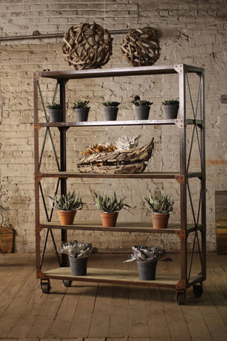 Large Iron & Wood Display W Five Shelves & Iron Casters