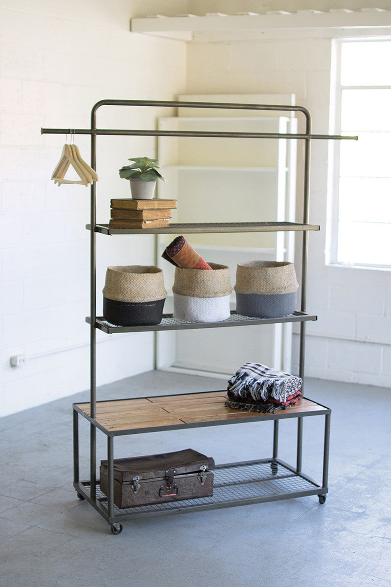 DISPLAY UNIT WITH WIRE MESH AND WOOD SHELVES