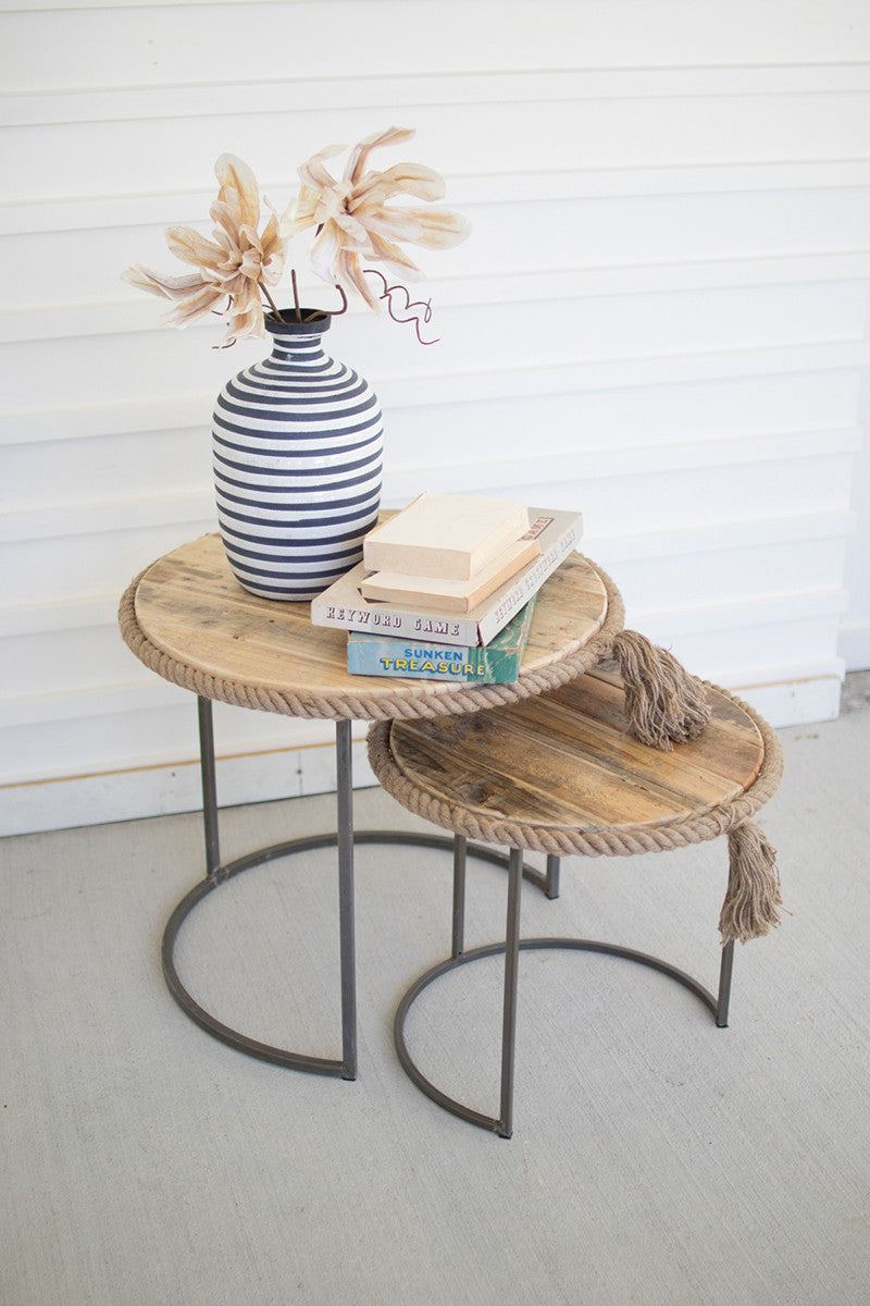 Set of 2 Round End Tables with Rope Accent