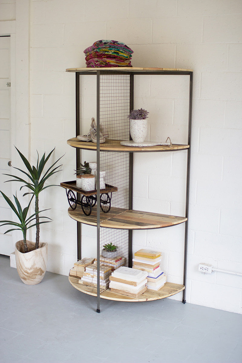 RECYCLED WOOD AND METAL DEMI LUNE SHELVING UNIT