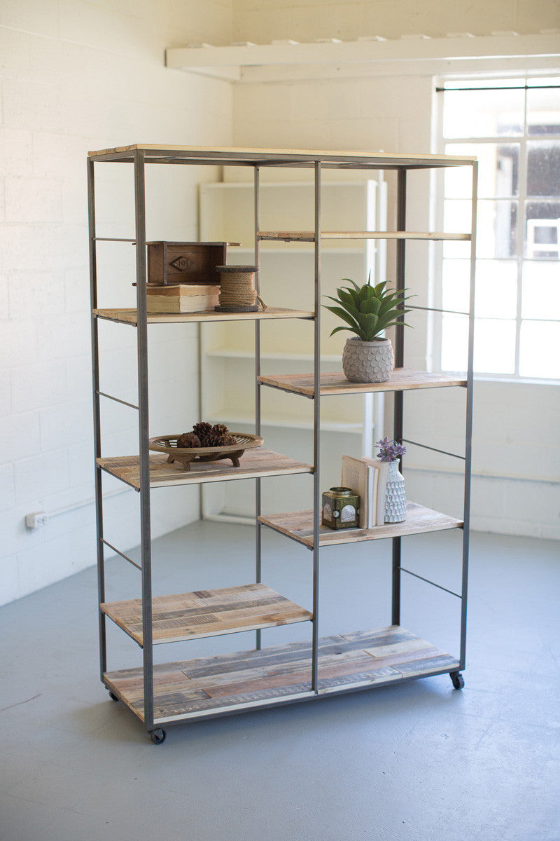 RECYCLED WOOD AND METAL ADJUSTABLE SHELVING UNIT