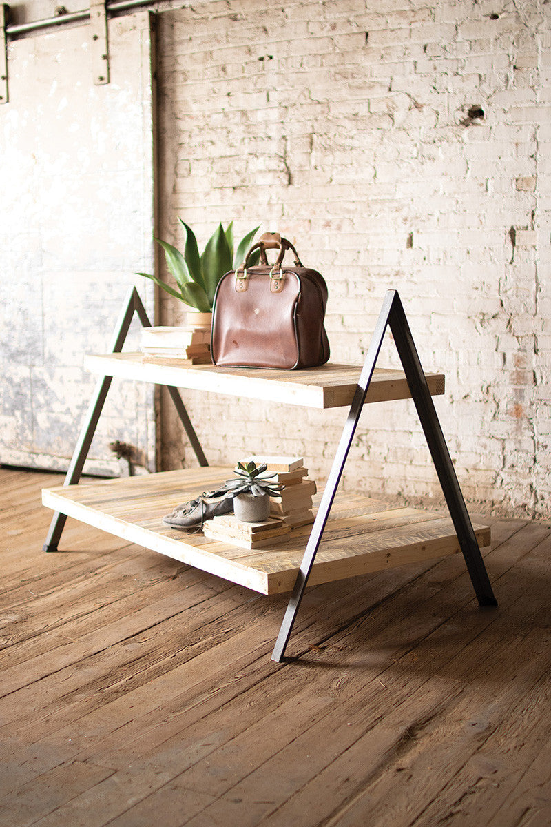 RECYCLED WOOD & METAL 2 TIERED DISPLAY TABLE W A-FRAME BASE
