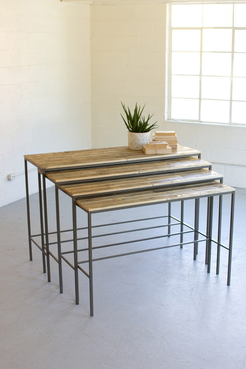 SET OF FOUR RECYCLED WOOD AND IRON DISPLAY CONSOLES