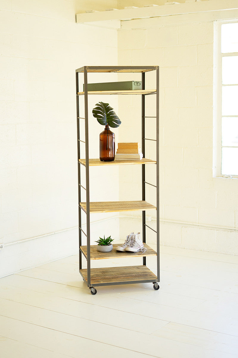 TALL SHELVING UNIT WITH ADJUSTABLE RECYCLED WOOD SHELVES