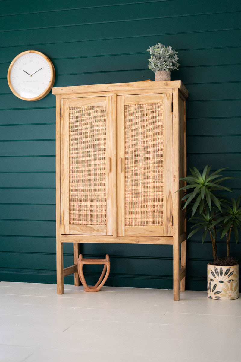 Large Two Door Wooden Cabinet with Woven Cane Detail